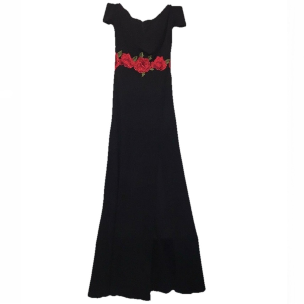 B.‎ Darlin Black Off-Shoulder Romper with Sheer Maxi Overlay & Rose Embroidery